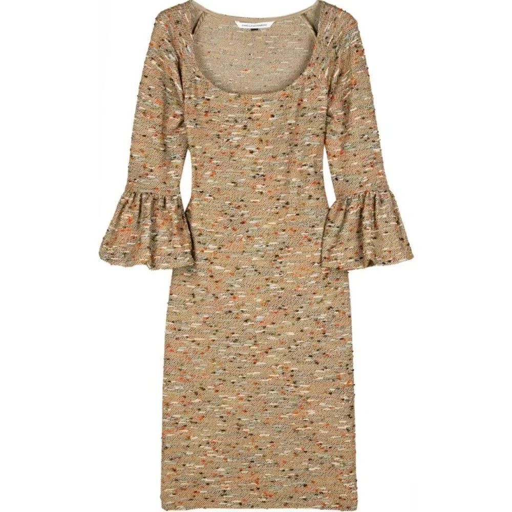 Diane Von Furstenberg Sense Dress Tweed Bouclé Bell Sleeve Gold 8